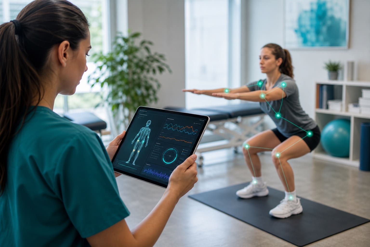 Physio reviewing AI-assisted rehab analysis